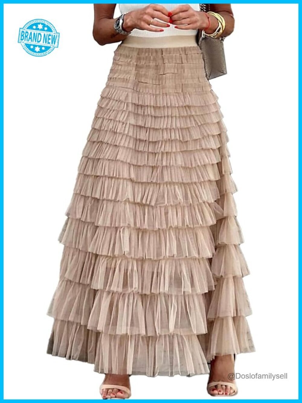 Soft Mesh Tulle Maxi Skirt with High Elastic Waistband and Layered Ruffles for